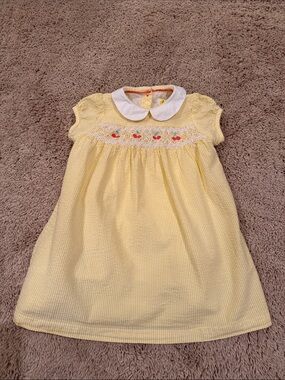 Yellow Baby Boden Smocked Seersucker  Cotton Dress with Cherries size 6-12 month
